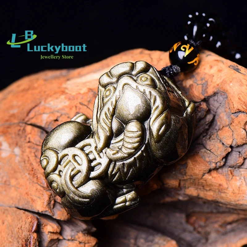 Hand Carved Golden Obsidian Pixiu Pendant Necklace Lucky Natural Obsidian Crystal 2 Coins Generations are rich Fine Men Jewelry