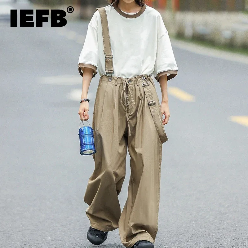 IEFB Solid Color Men Suspender Trousers Removable Straps Lantern Overalls Drawstring Straight Wide Leg Male Pants Autumn 9C8526