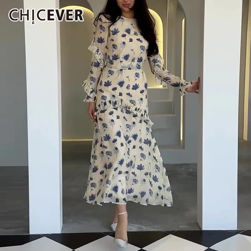 CHICEVER Printed Dresses Women O Neck Long Sleeve Patchwork Ruffles Ruched Casual Temperament Maxi Dress Female Autumn New Style