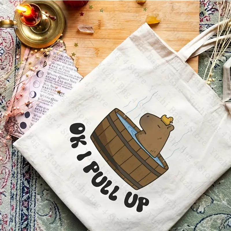 Ok I Pull Up Capybara Pattern Tote Bag Cute Funny Casual Totes Cottage Core Gifts Shopping Bag for Who Love Capybara Kawaii