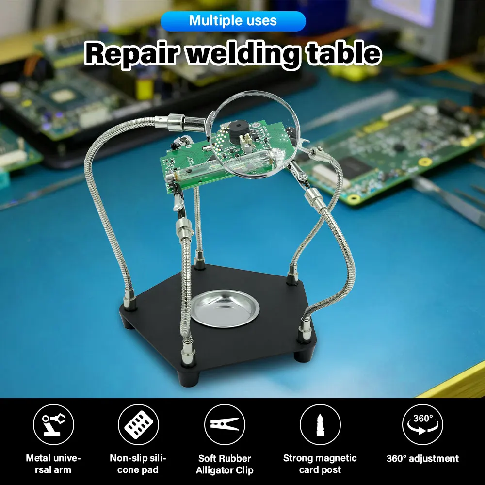 Helping Hand Soldering Station 360°Adjustable Alligator Clips Stand with Magnifier for PCB Electronic Repair & DIY Soldering
