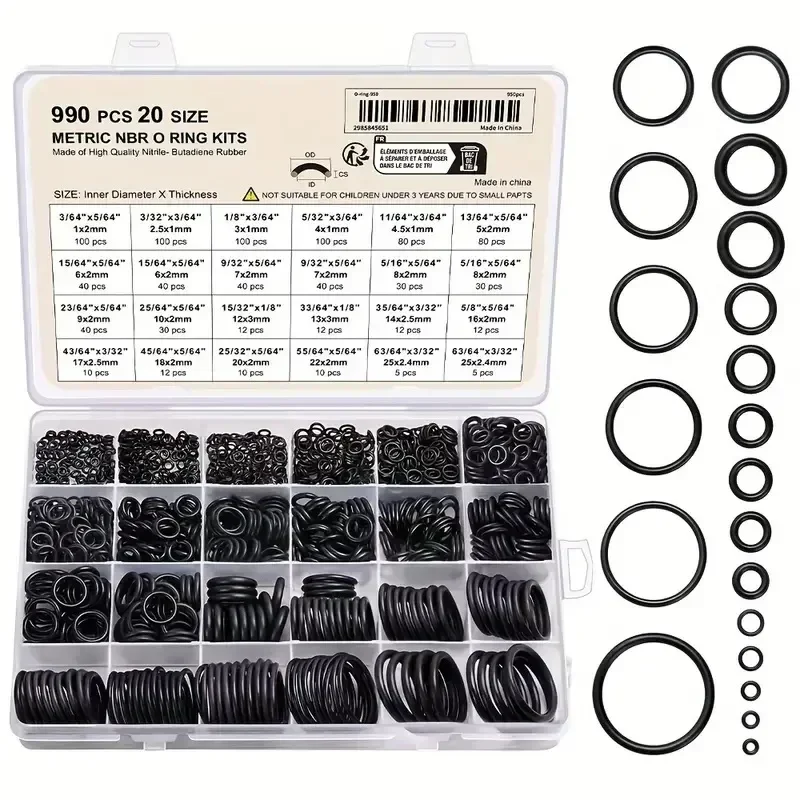 

990pcs Nitrile Rubber O Ring Kit Washer Gasket Seals RUbber Grommet Assortment for Pressure Washer Plumbing