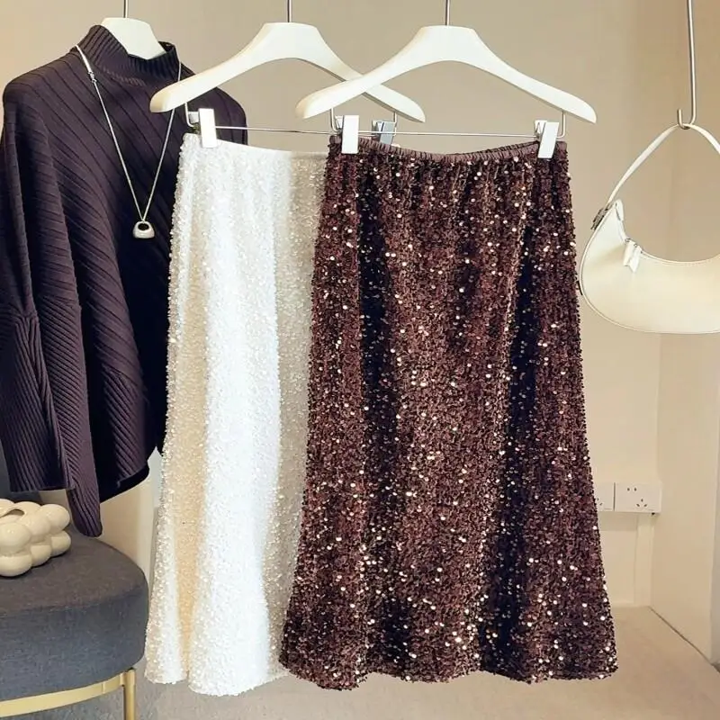 กระโปรงกำมะหยี่ปักเลื่อมผู้หญิง ฤดูใบไม้ร่วง ฤดูหนาว ใหม่ เอวสูง ทรงเอ ทรงเมอร์เมด กระโปรงทรงบอดี้คอน ความยาวปานกลาง สำหรับงานปาร์ตี้ งานราตรี สวยสง่า