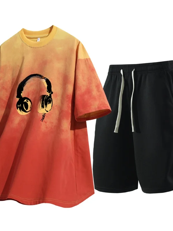 

Summer Sport Sle Men's Loose ort Sve Two-Piece Set Trendy Retro American Casual Wear Polyester Fiber Teenage Boys