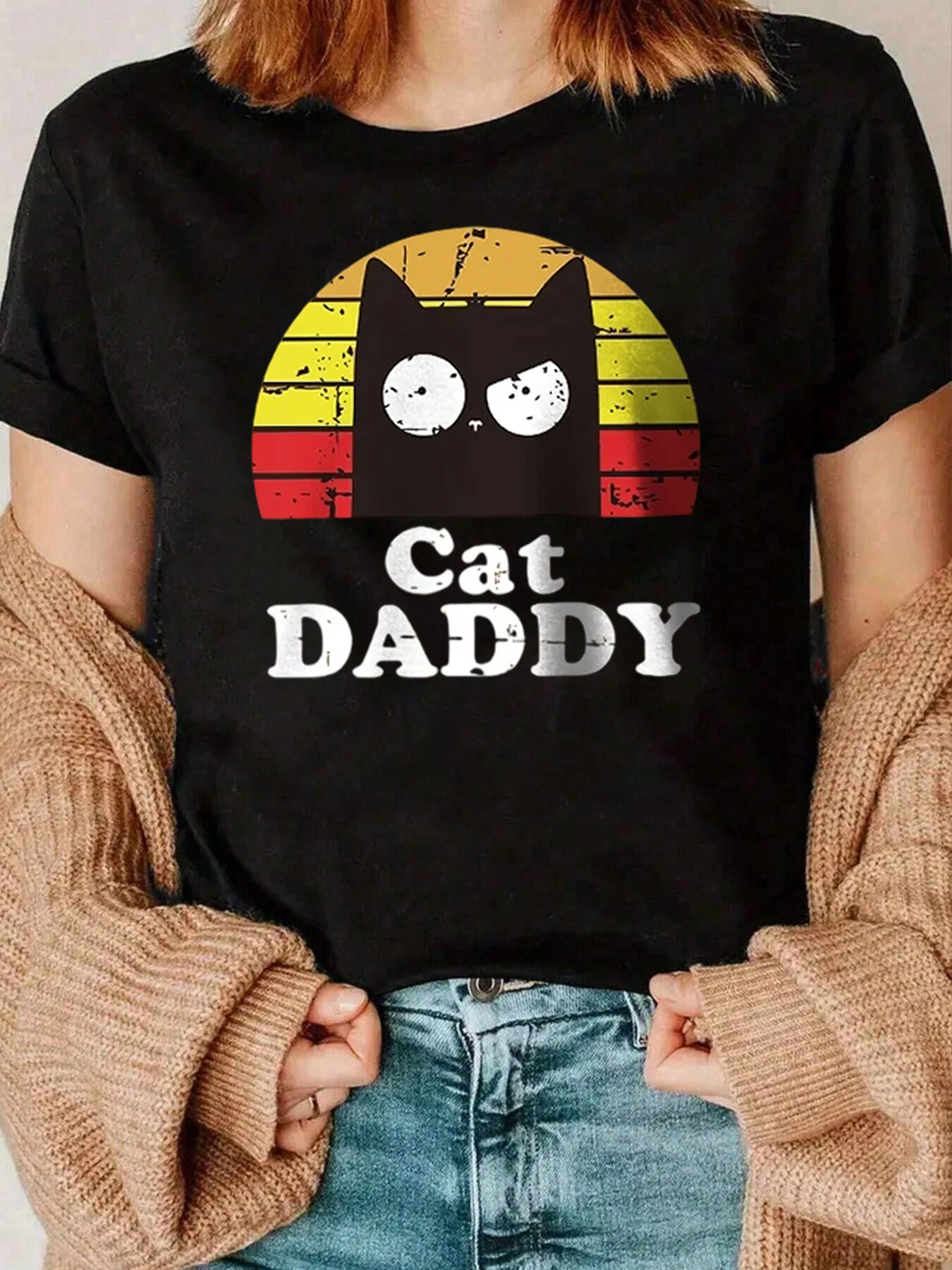 

Винтажная футболка с принтом Cat Daddy Sunset, повседневная одежда для любителей кошек, 220 г