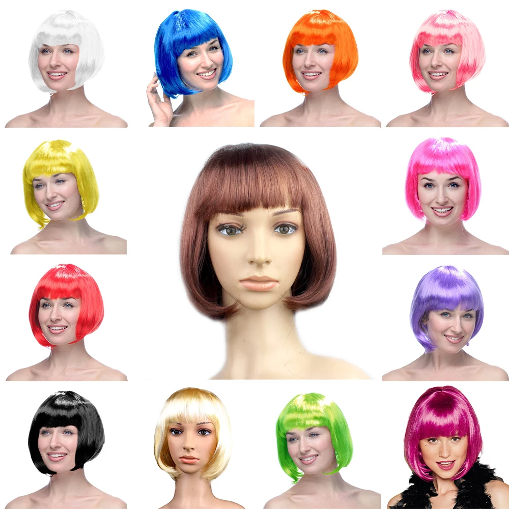 

1PC Short Straight Synthetic Wigs Yellow Brown Wigs with Bangs for Women Daily Natural Hair Wig Heat Resistant Fiber для волос