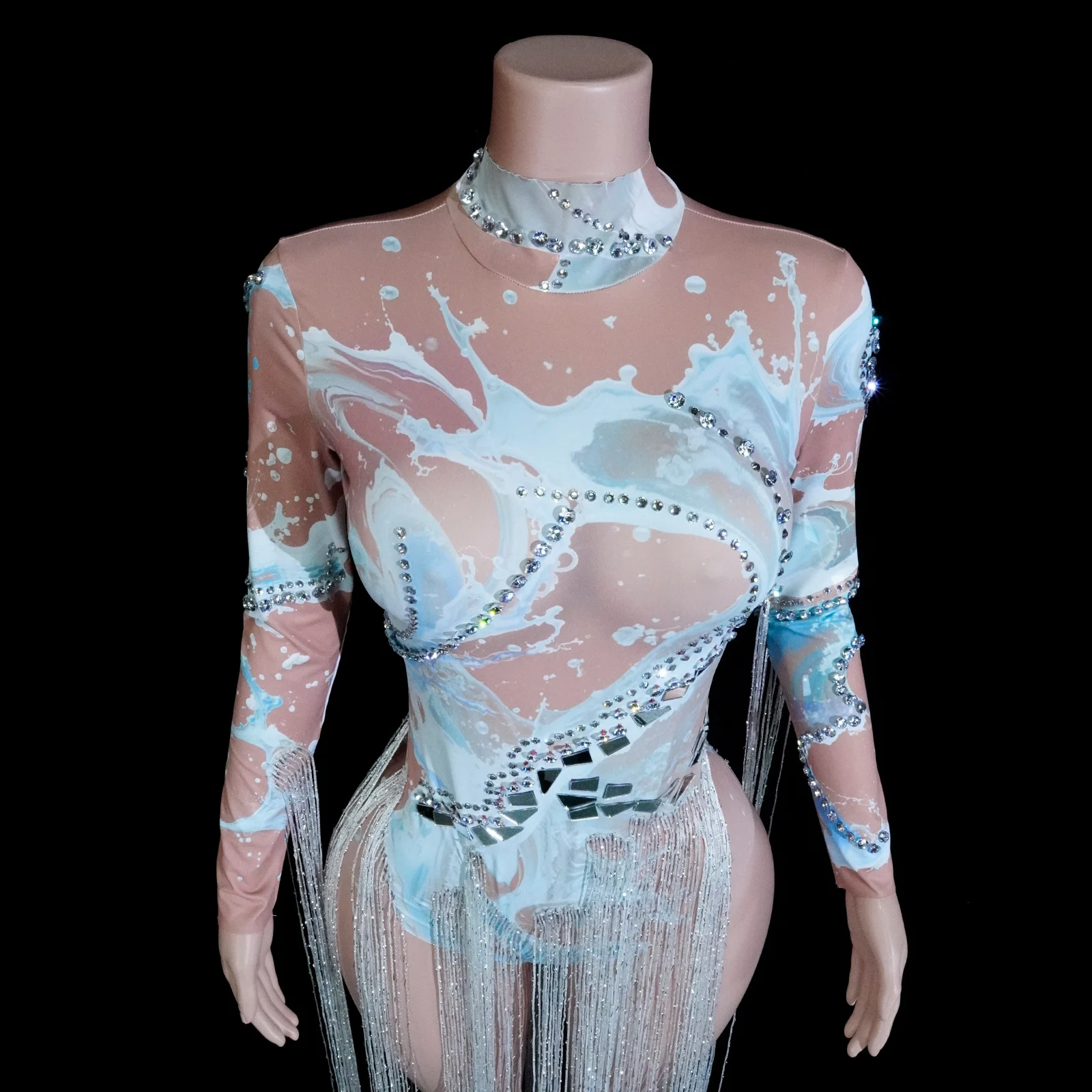 GOGO-Body blanco con borlas y diamantes de imitación elásticos para mujer, traje de cantante, Bar, club nocturno, Showgirl, disfraz de Drag Queen