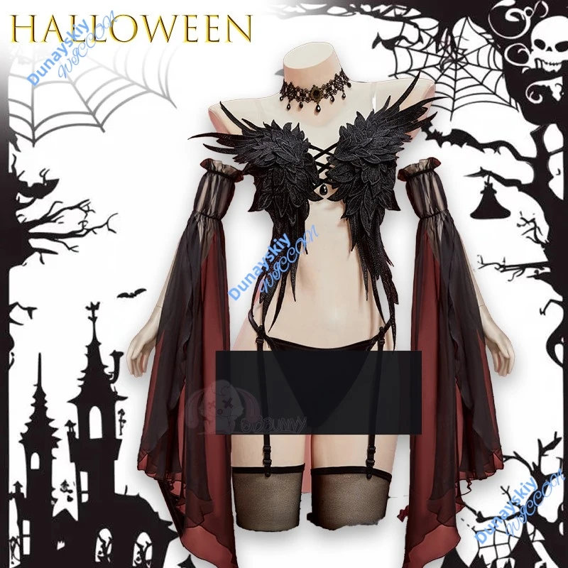 

Готический темный опасный ангел, карнавальный костюм на Хэллоуин, аниме, полный комплект, топ в форме крыльев, трусики, чулки с рукавами