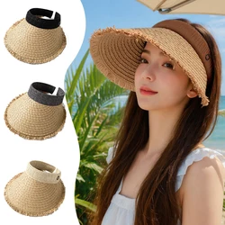 Large Brim Straw Empty Top Cap for Women Summer Breathable UV Sun Protection Hats Fashion Versatile Travel Beach Hat Girl Visors