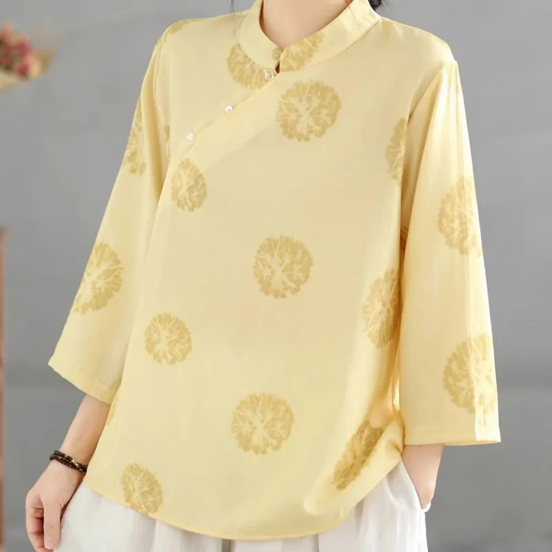 Vintage Chinese Style Women Yellow Floral Print Slant Collar Blouse Summer Thin Linen Casual Top S-3XL