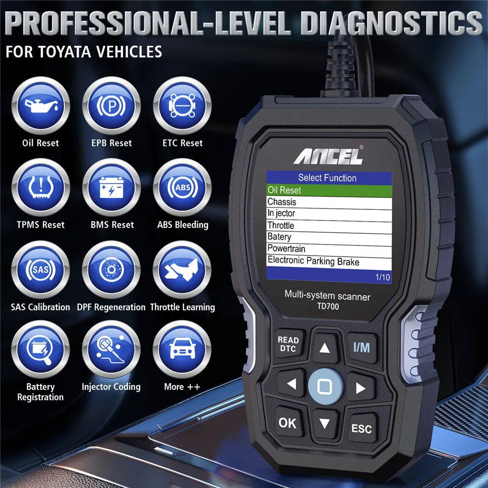 Ancel TD700 OBD2 Scanner per Toyota/Lexus/Scion All System Transmission TPMS Relearn ABS Engine Car Diagnostic Scan Tool