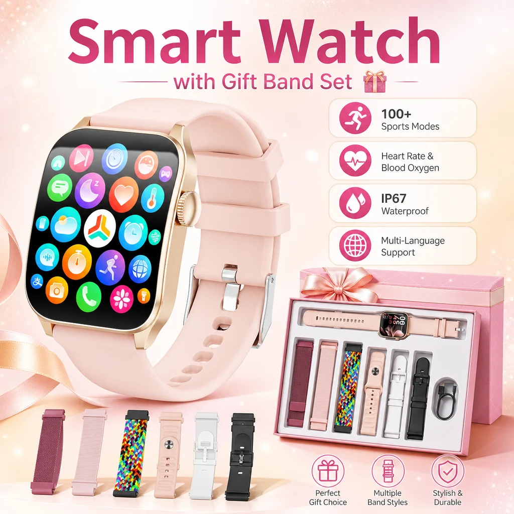 Orologio Intelligente Confezione Regalo con 6 Cinturini Intercambiabili Smartwatch Chiamata Bluetooth Monitor Frequenza Cardiaca Ossigeno Sangue Sonno 100 Modalità Sportive Orologio Fitness