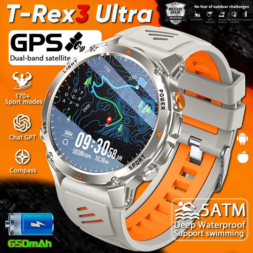 

2026 New Military T-Rex3 GPS Smart Watch Built-in Dual-Band GPS Compass Altimeter 5ATM Waterproof BT Call Sports Smartwatch Men