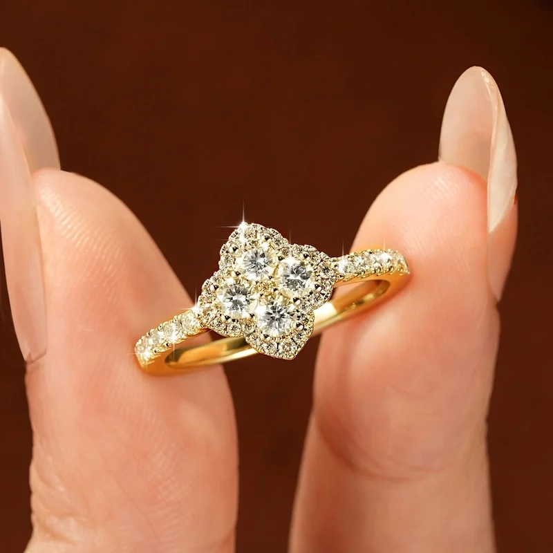 Rrjzz Vierblättriger Blumenring mit D-Farbe Moissanit, GRA-Zertifizierter Labor-Diamant-Ersatz, Kleeblatt-Ringe für Damen, Schmuckgeschenke – Detail 10