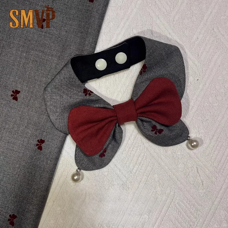 

Retro Red and Gray Contrasting Color Pet Bow Tie Plus Three Dimensional Big Bow Pearl Pendant Decoration Pet Kitten Puppy Bib