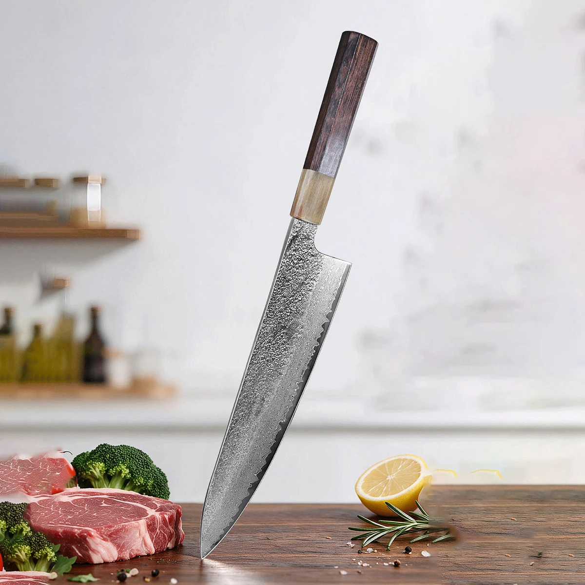 8.3 Inch Gyuto Damascus Steel VG10 Blade Chef Cleaver Slicing Handmade Forged Japanese Kitchen Knives Ox Horn & Wood Handle