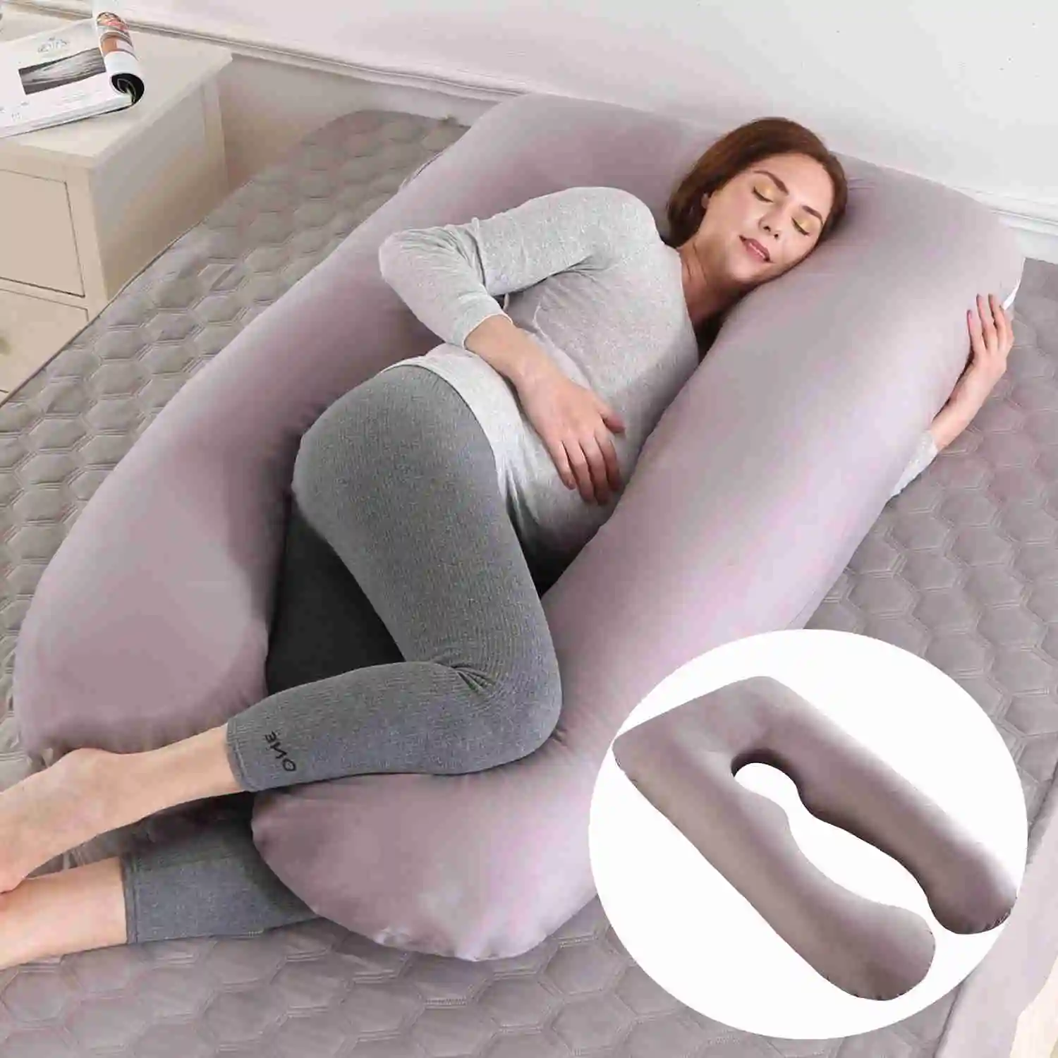 Almohada de embarazo para lactancia de cuerpo completo, almohada de maternidad en forma de U para dormir con funda de algodón extraíble, novedad de