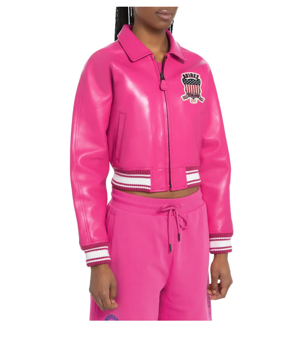 Avirex-Chaqueta clásica de piel de oveja antigua europea para mujer, abrigo de cuero rosa, Chaqueta de traje de vuelo de bombardero, tops de