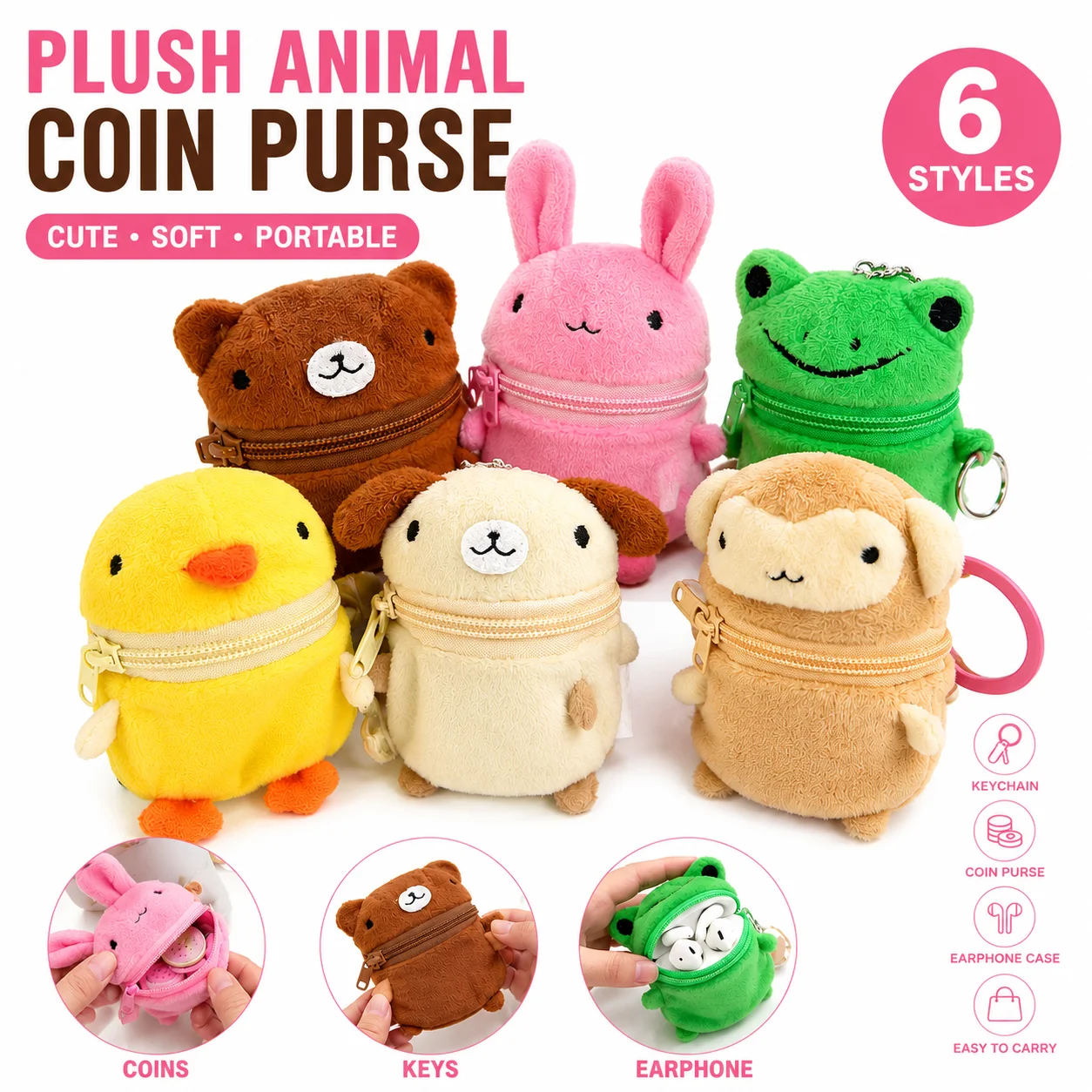 Kawaii Coin Purse Mini Earphone Storage Bag Cute Rabbit Bear Animal Keychain Pendant Bag Charm Birthday Gift For Girls