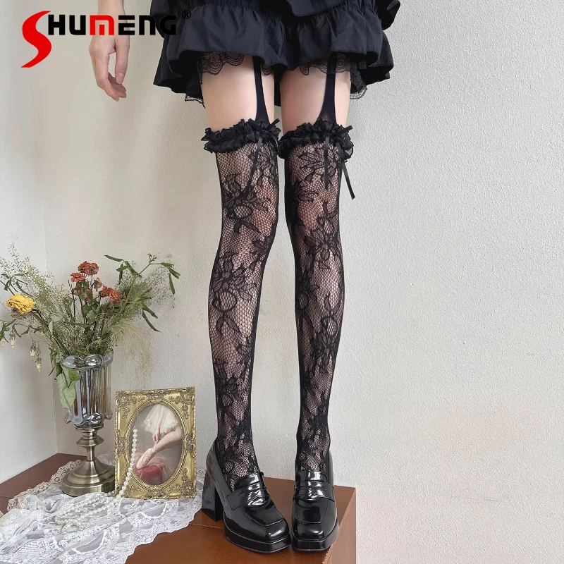 Dark Gothic Sexy Lace Floral Fishnet Trim Girl Hot Girl JK Camisole Base Pantyhose Women's Japanese Slim Fit Tights Cool Hosiery