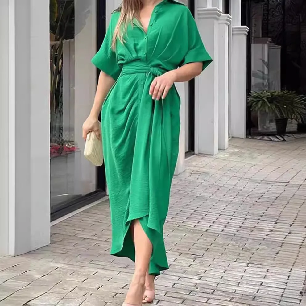 

Fashion Women Summer Spring Shirt Dress Blouse Top High Waist Short Sleeve Turn Down Collar Single Breasted Midi Dress Dresses