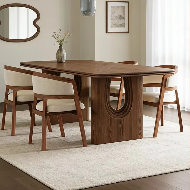 &c Modern Rectangular Dining Table in Solid Wood Sculptural U-Shaped Base with Curved Cutout Design Mesa De Comedor