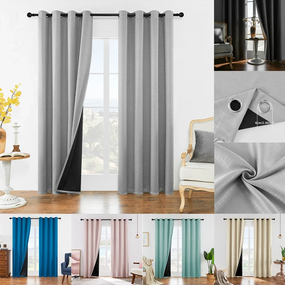 Thickened 100% Blackout Curtains with Black Liner Bedroom Divider Solid Thermal Insulated Curtains Winter Thick Thermal Curtains