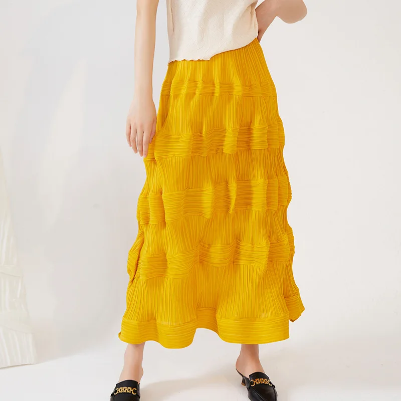 Spring/Summer Women's Pleated Skirt A-line Skirt High Waist Solid Color Loose Design Niche Lantern Cake Skirt Miyake Free Return