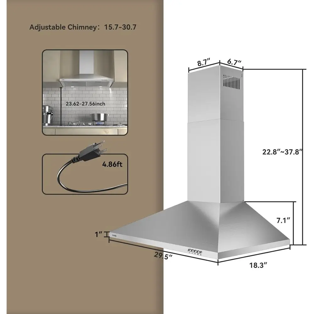 Okap kuchenny ze stali nierdzewnej, montowany na ścianie, 76 cm (30 cali), z filtrem węglowym, konwertowalny na okap kominowy/bez kanału, 3-stopniowy wentylator wyciągowy.