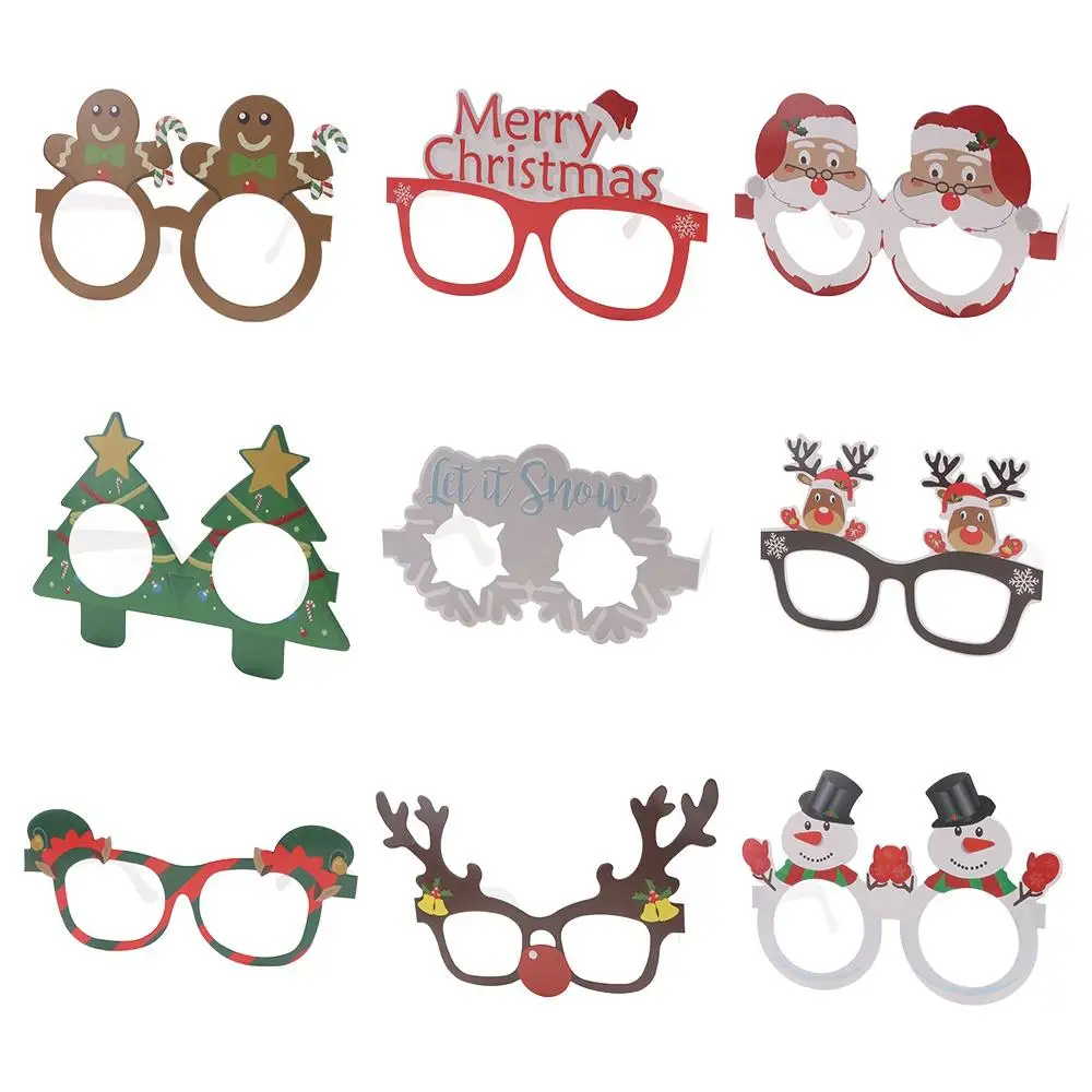 9pcs/set Cartoon Santa Claus Paper Glasses Papper Foldable Snowflake Elk Glasses Santa Claus/Snowman/Christmas Tree