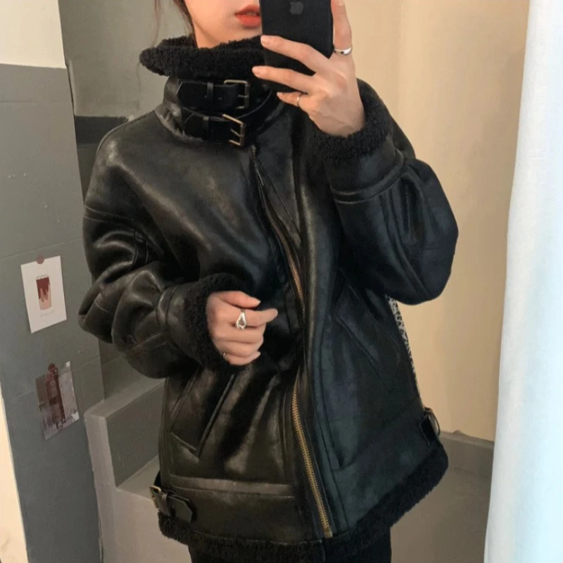 Модная куртка-бомбер на молнии из овчины, верхняя одежда, женская теплая зимняя парка из искусственного меха, замши, парки из овечьей шерсти, пальто