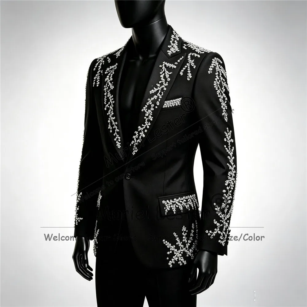Man Unique Design Tuxedo Suits Sparkly Jewelry Stones Ornament Prom Blazer With Black Pants 2 Piece Sets Groom Wedding Attire view 4