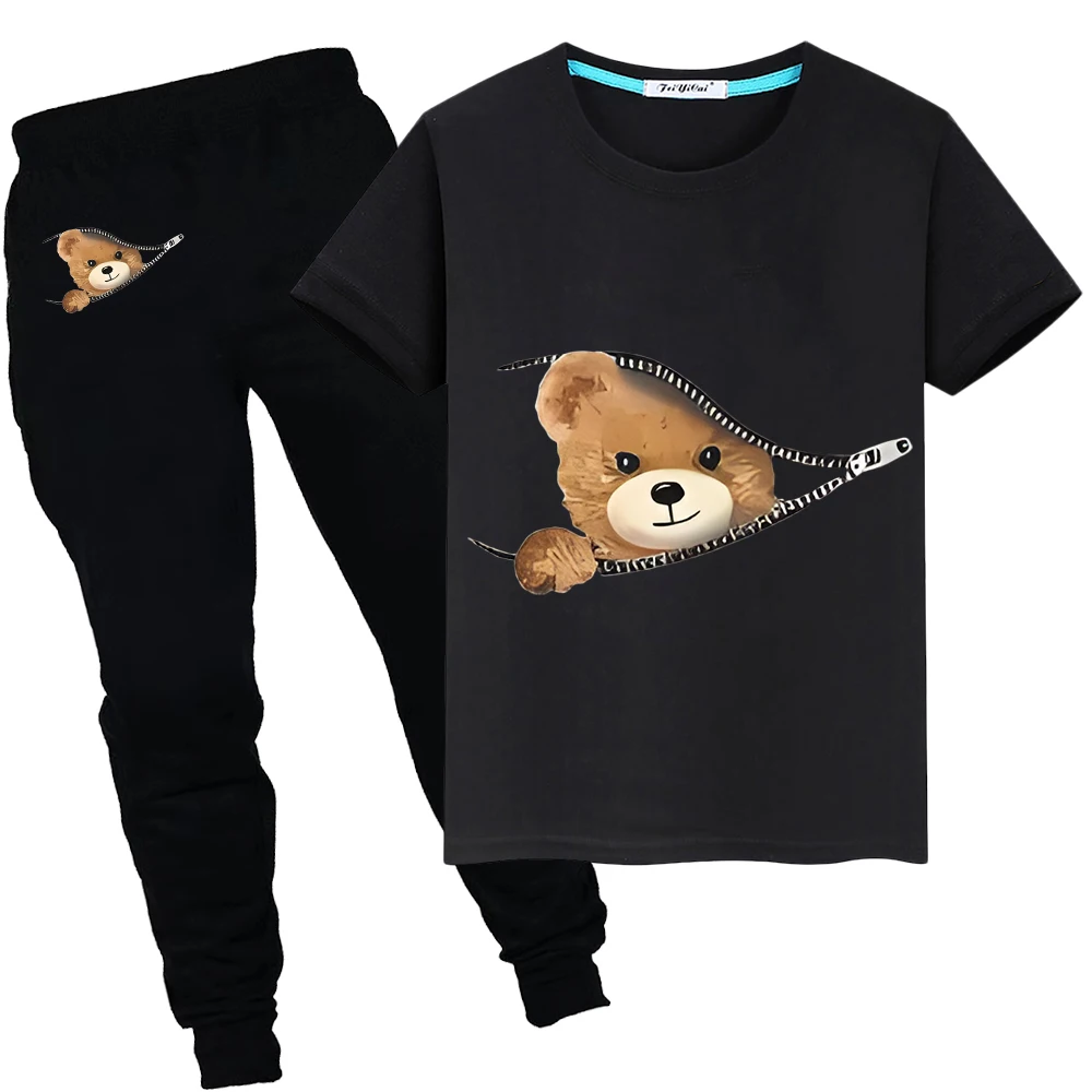 

kids suit Cartoon Bear Print 100%Cotton Summer Short T-shirt Anime Tees pride tshirt 2pcs Tops+pant boy girl Sets y2k clothes