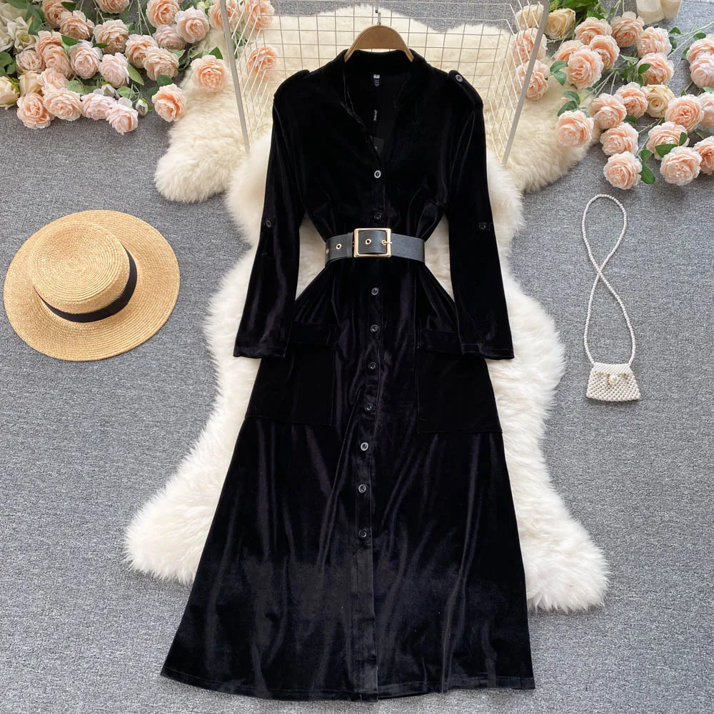 Women Chic Elegant vintage metals velvet Dress Sexy Fashion Slim A-line autumn birthday outfits sweet dresses