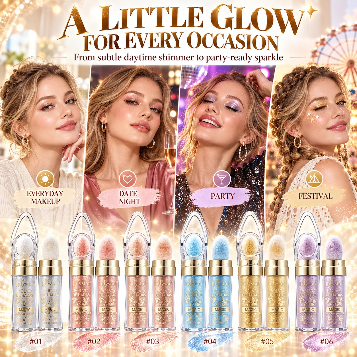 Elf Highlighting Chalk, Shining Diamond Beating Powder, Suitable for Face, Body, Hair, and Eyes, Available in 6 Colors to Add Shine