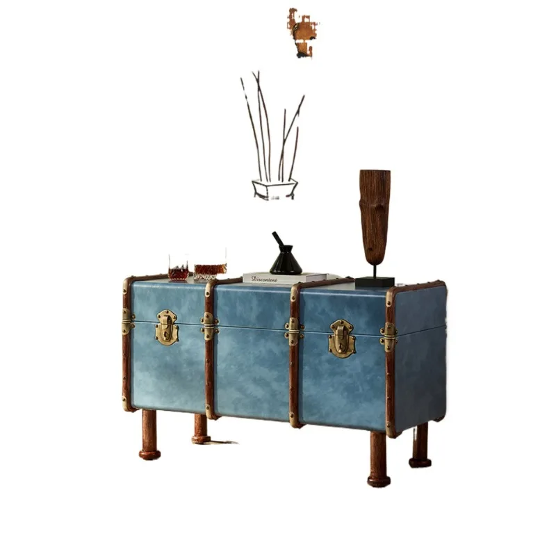 

French antique coffee table, solid wood table rattan suitcase leather retro coffee table