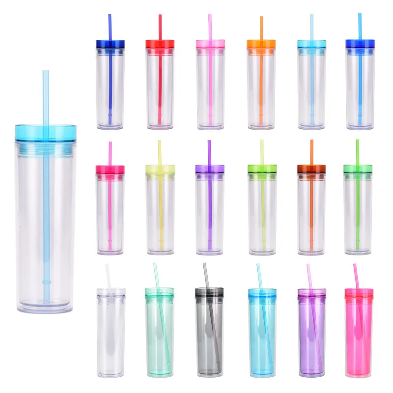 double wall 473ml 480ml 500ml 16oz transparent clear plastic skinny tumbler skinny cup with plating lid straw