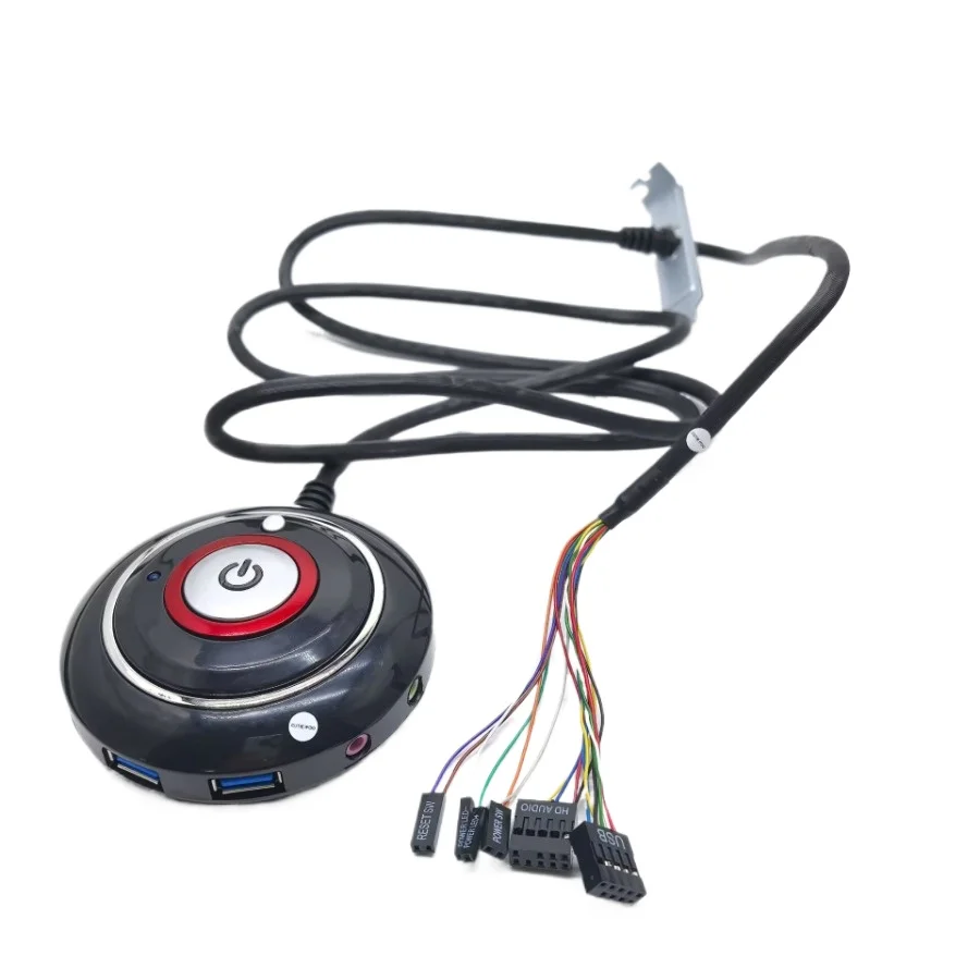 

Computer Power Reset On Off Switch Desktop Button LED Status Light Mic Microphone Headset 2-Port USB Plug Mount Bracket Cable