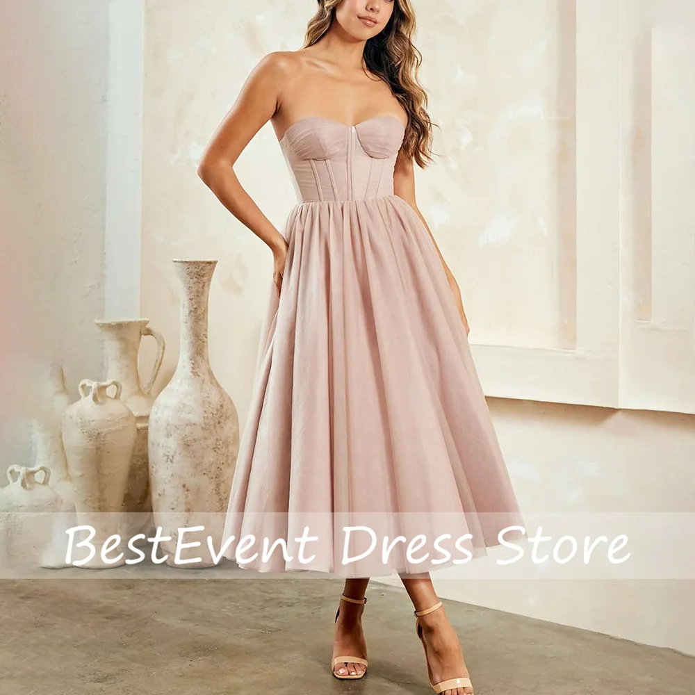 

Custom Made Modern Sweetheart Collar Tulle A-line Tea-Length Evening Party Dress Lace up Back Prom Party Dress Bridal Gown