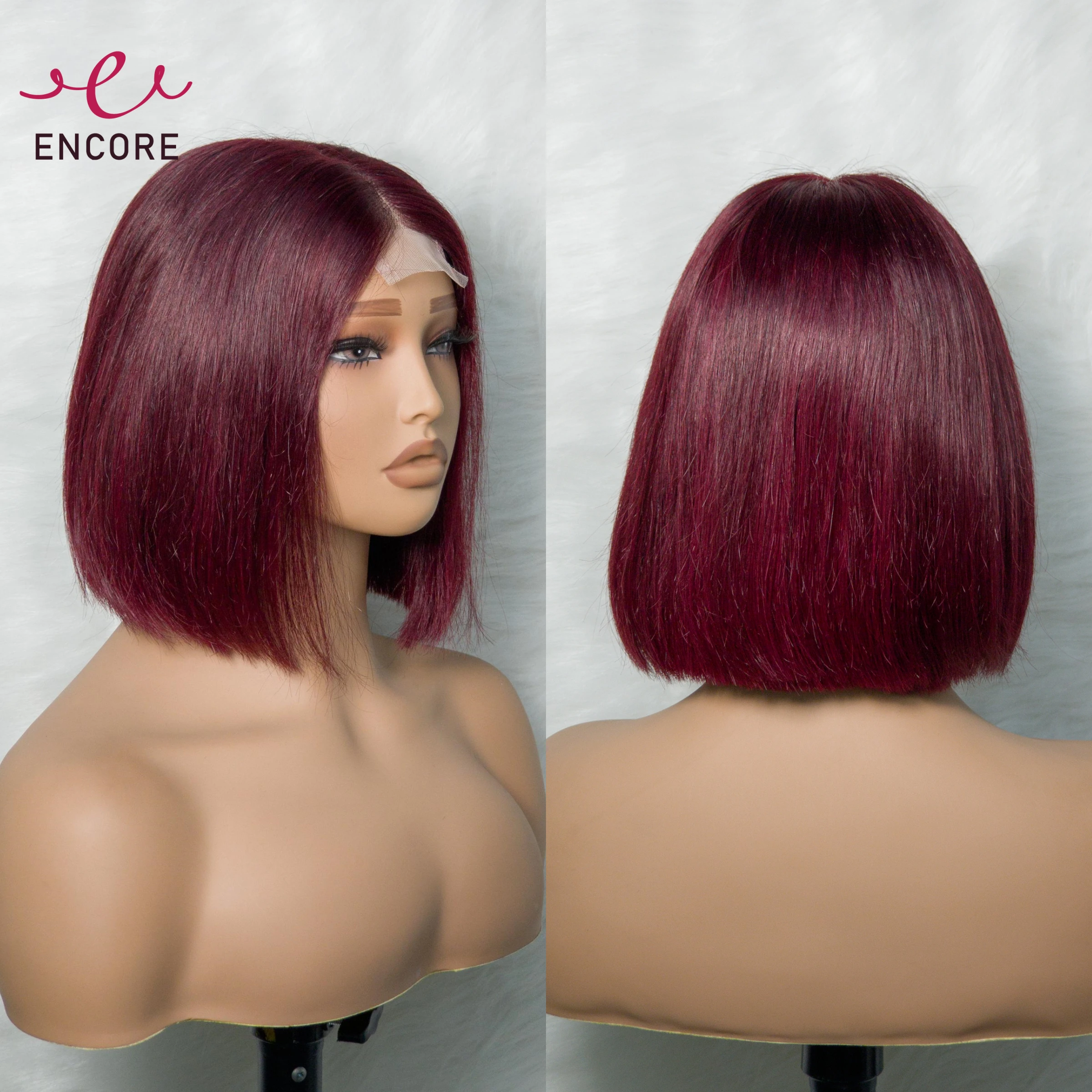 

10 Inch 250% Density Straight Bob Wigs Burgundy Transparent 2x6 Lace Closure Wigs 100% Brazilian Remy Human Hair Wigs for Women