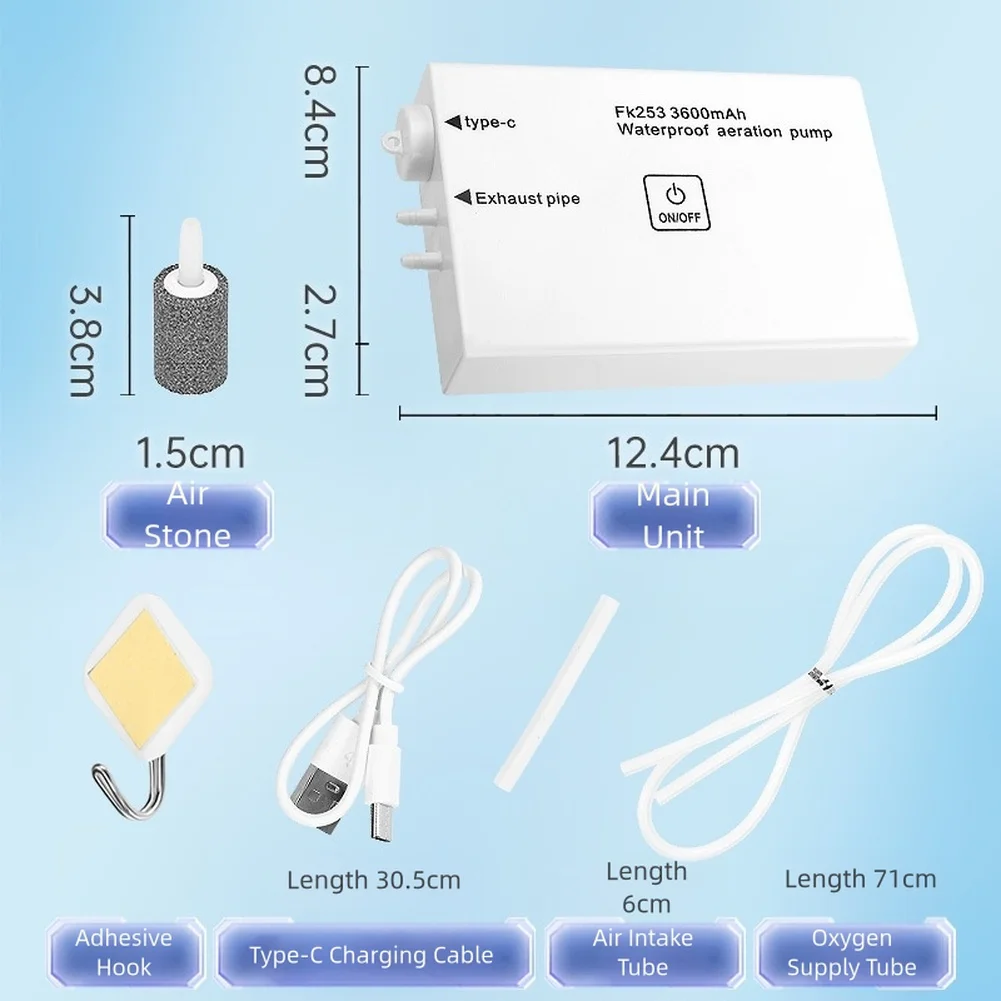 Portable For Fishing Oxygen Pump with 3600mAh Battery Waterproof and Dual Adjustable Airflow Output for Type C Charging Support