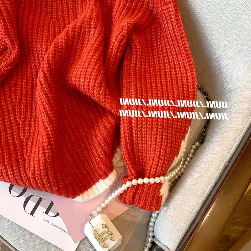 Pulôver de malha vermelha de retalhos feminino camisola harajuku y2k coreano mangas compridas o pescoço blusas grandes vintage 2000s roupas 2025