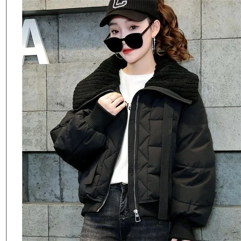 여성용 두꺼운 솜 패딩 재킷 스플라이스드 라펠 캐주얼 다운 코튼 코트 겨울용 따뜻한 루즈 숏 재킷 여성 아우터웨어