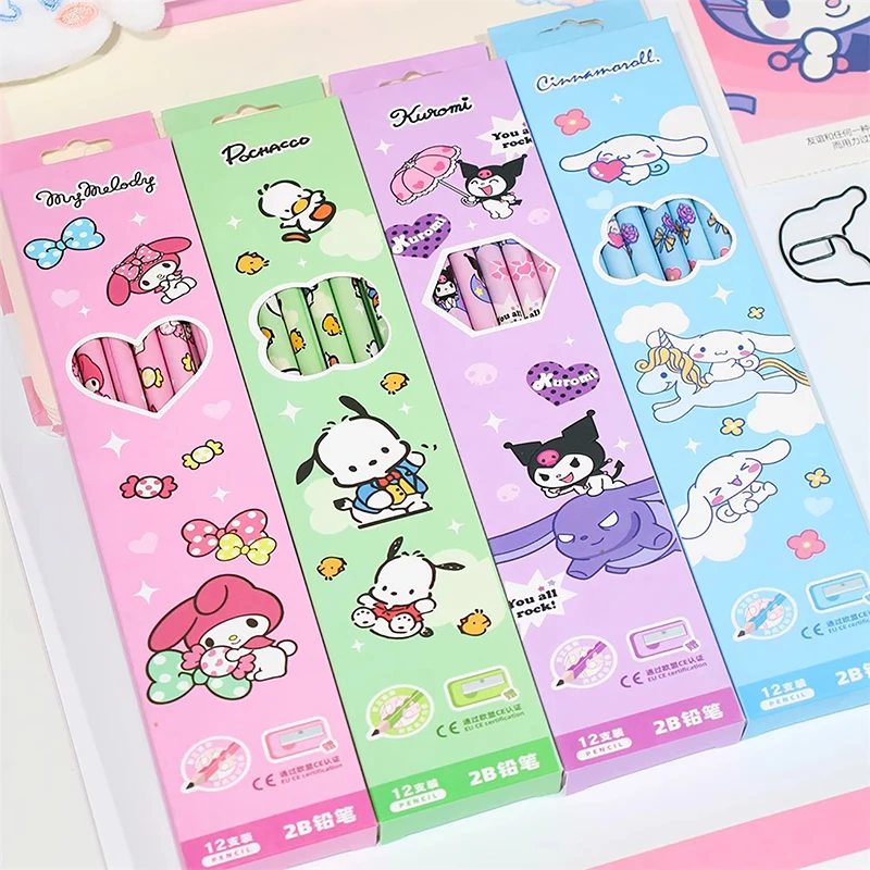 Sanrio Pencil 12Pcs/Box Melody Kuromi Cinnamoroll 2B Black Write Draw Pencils Primary Students Stationery School Children Gift