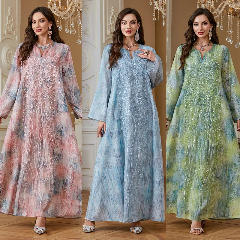 

Dress Women Eid Abaya Party Dresses Morocco Muslim Kaftan Jalabiya Sequins Abayas Ramadan Vestidos Dubai Islam Arab Long Robe