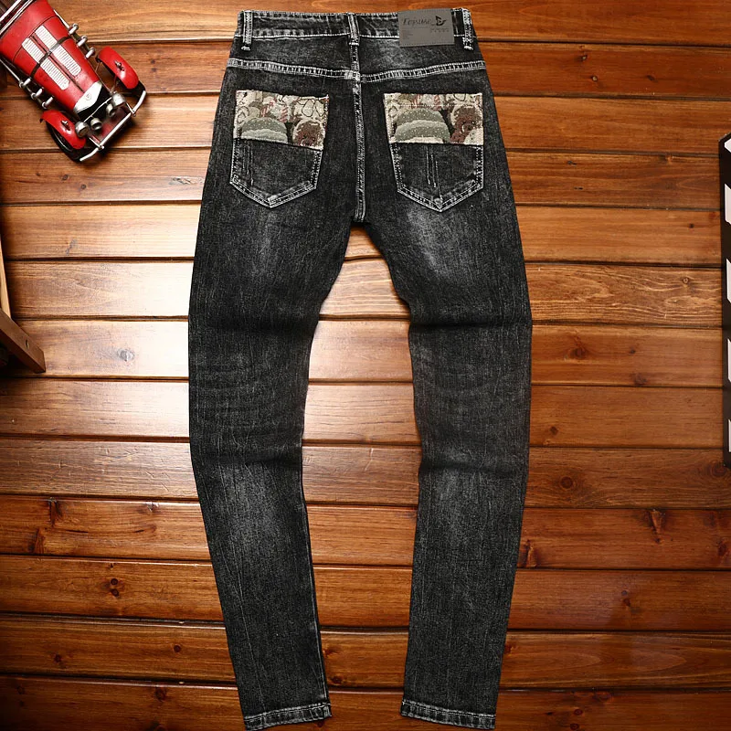 Calça jeans preta estampada bordada personalizada masculina, calça apertadinha, elástica, na moda, casual, longa, primavera, outono, inverno, longa, 2024