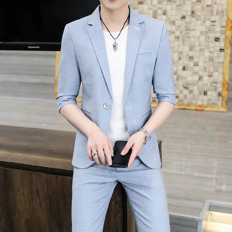 

2024-New (Blazer+ Pants) Men's Fashion Business Solid Color Medium Sleeve Seven Quarter Sleeve Gentleman Slim Work Wedding Suit