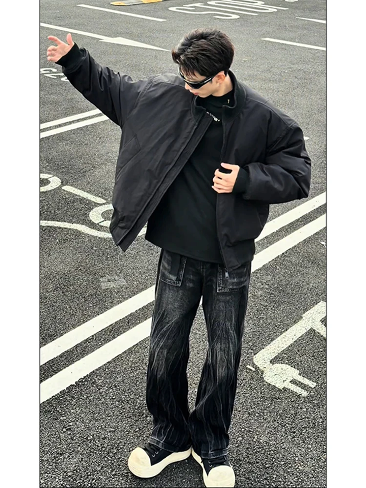 

Джинсы Bla Waed с узором молнии, мужские, осенне-зимние, с высокой талией, прямые, из смесового хлопка и полиэстера, с эластановкой