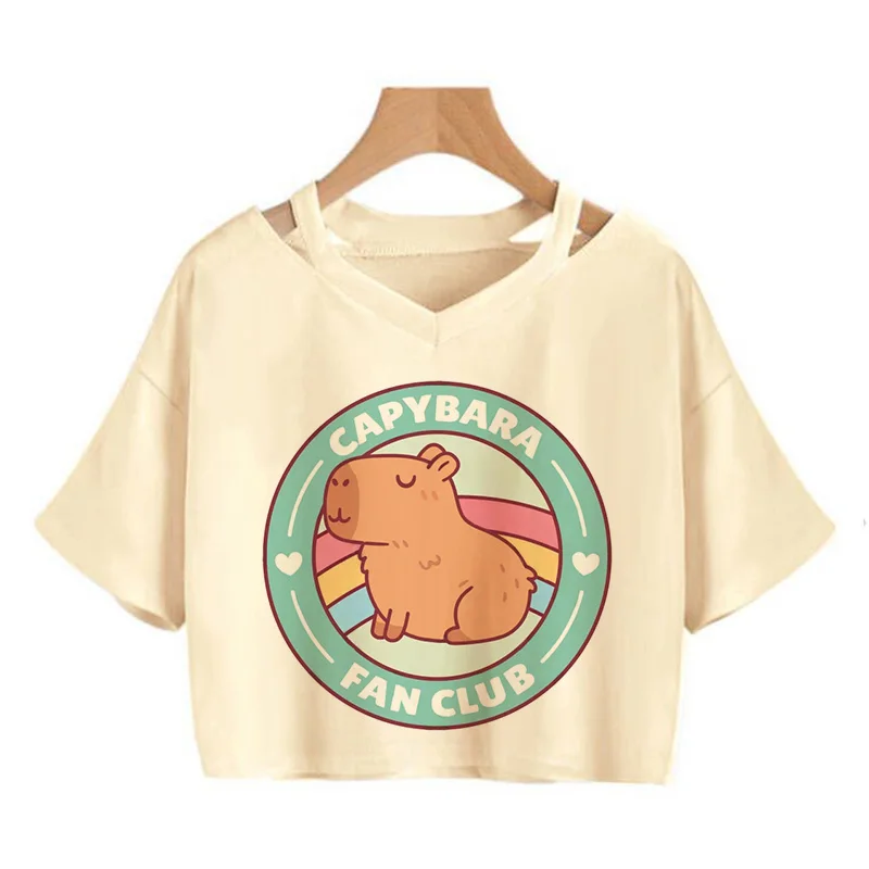 Women Capybara Crop Tops Capibara Cartoon Manga Kawaii Tee Shirt Funny Fashion Cropped Harajuku Graphic 2000s Y2k Tshirt Female