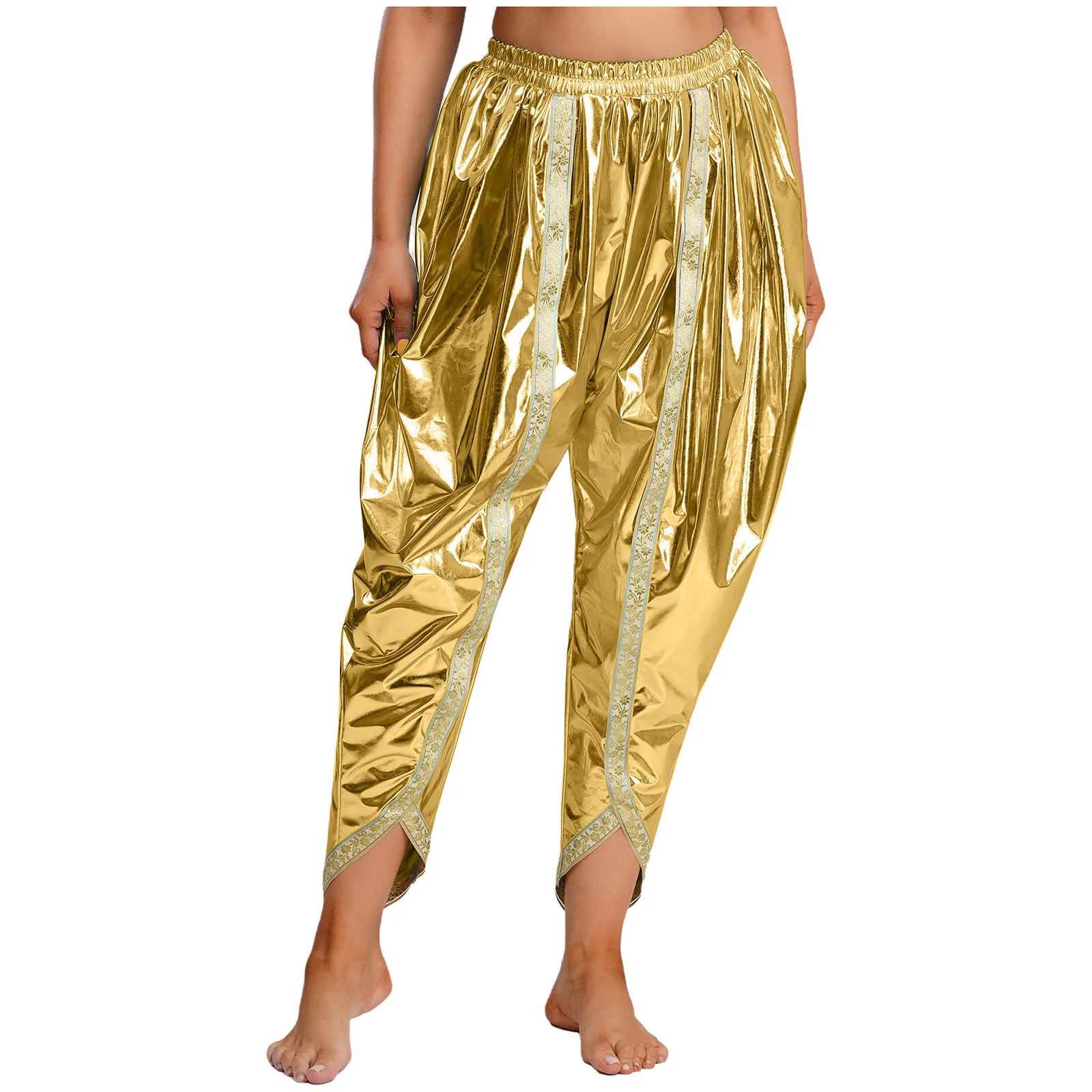 

Womens Indian Dhoti Pants Gold Brocade Trim Elastic Waistband Metallic Shiny Arab Harem Palazzo Pants for Disco Street Dancewear